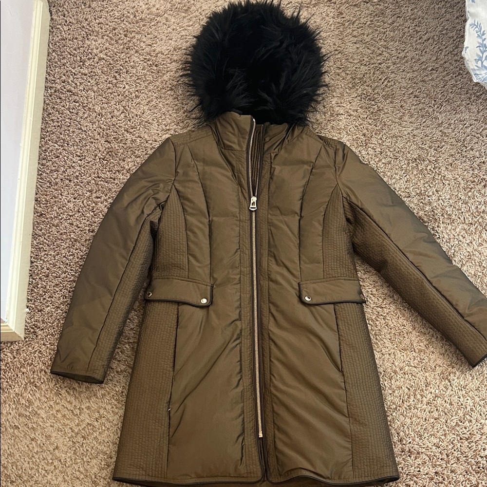 Cole Haan Long Puffer Jacket Brown Bronze Fur Hood Coat M